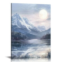 Mountain Lake Canvas Wall Art Nature Wilderness Painting Prints Relax Calm Scenic Picture for Living Room Bedroom 16x20 in