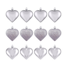 12 Pcs Valentines Heart Ornaments Set, Silver Glitter Heart Shaped Baubles, Romantic Christmas Valentines Tree Hanging Decorations (Silver)