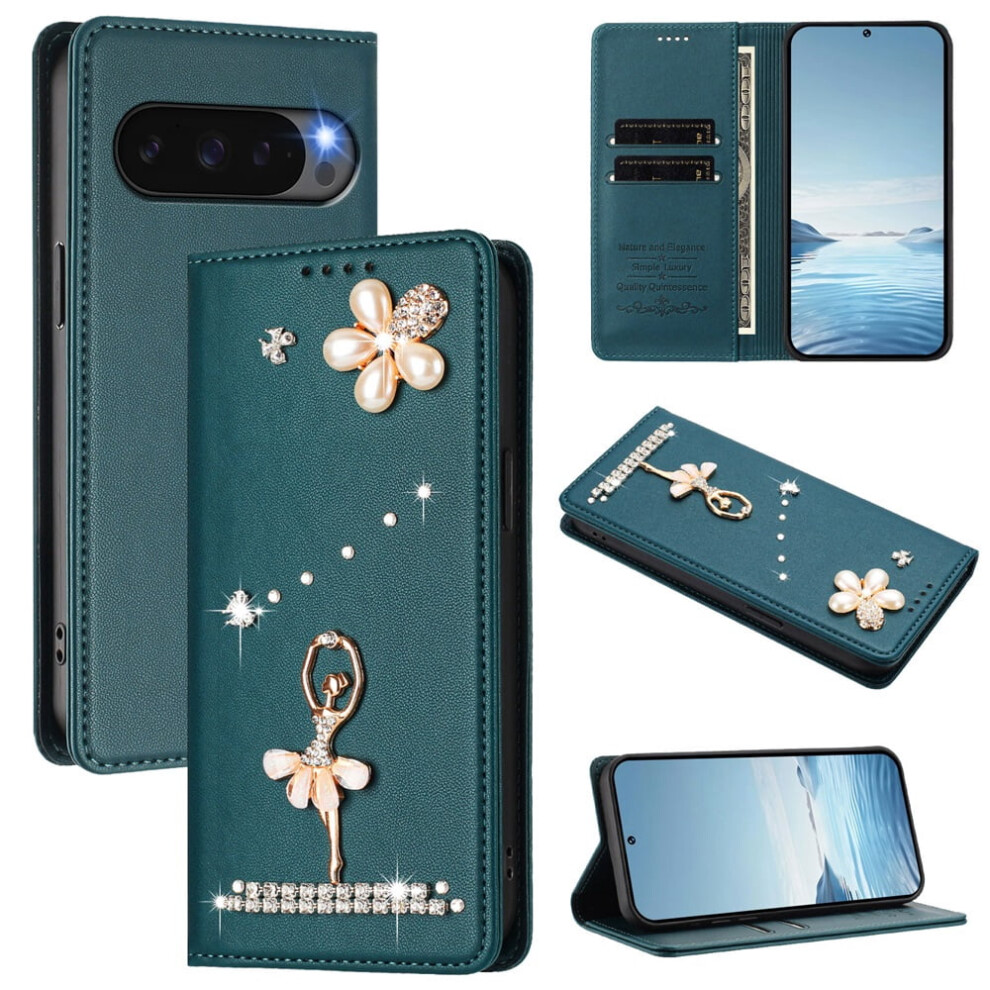 Rfid Blocking Ballet Girl Flip Wallet Leather Case For Google Pixel 9A Â Dark Magnetic Closure & Card Holder Green 9327961802018