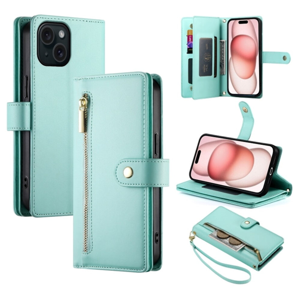 Leather Wallet Case For Iphone 15 (6.1"), Multi-Card Slots, Zipper Pocket, Lanyard Strap Â Compatible With Iphone 15 Green 9327961799707