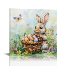 Easter Bunny with Egg Basket Canvas Wall Art Framed
