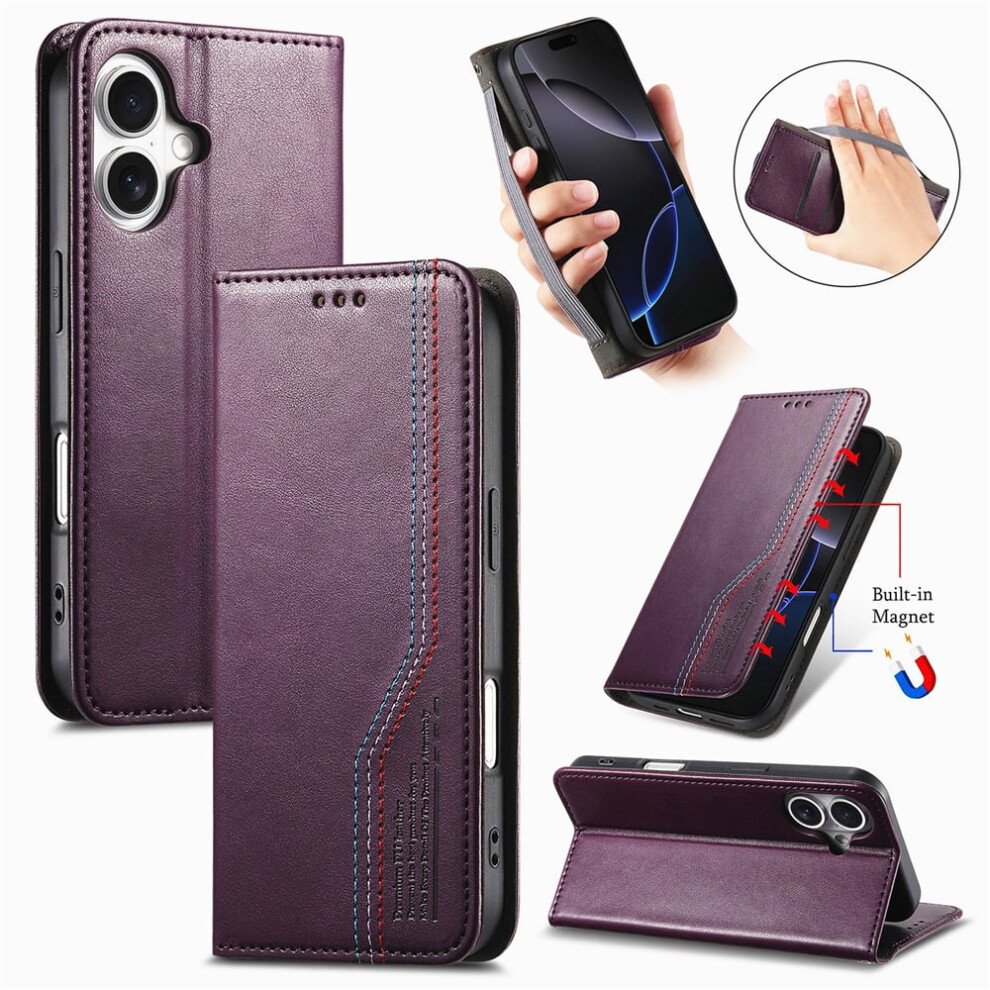 Leather Flip Wallet Case With Magnetic Suction & Wristband For Iphone 16 Plus 6.7-Inch Purple 9193271157670