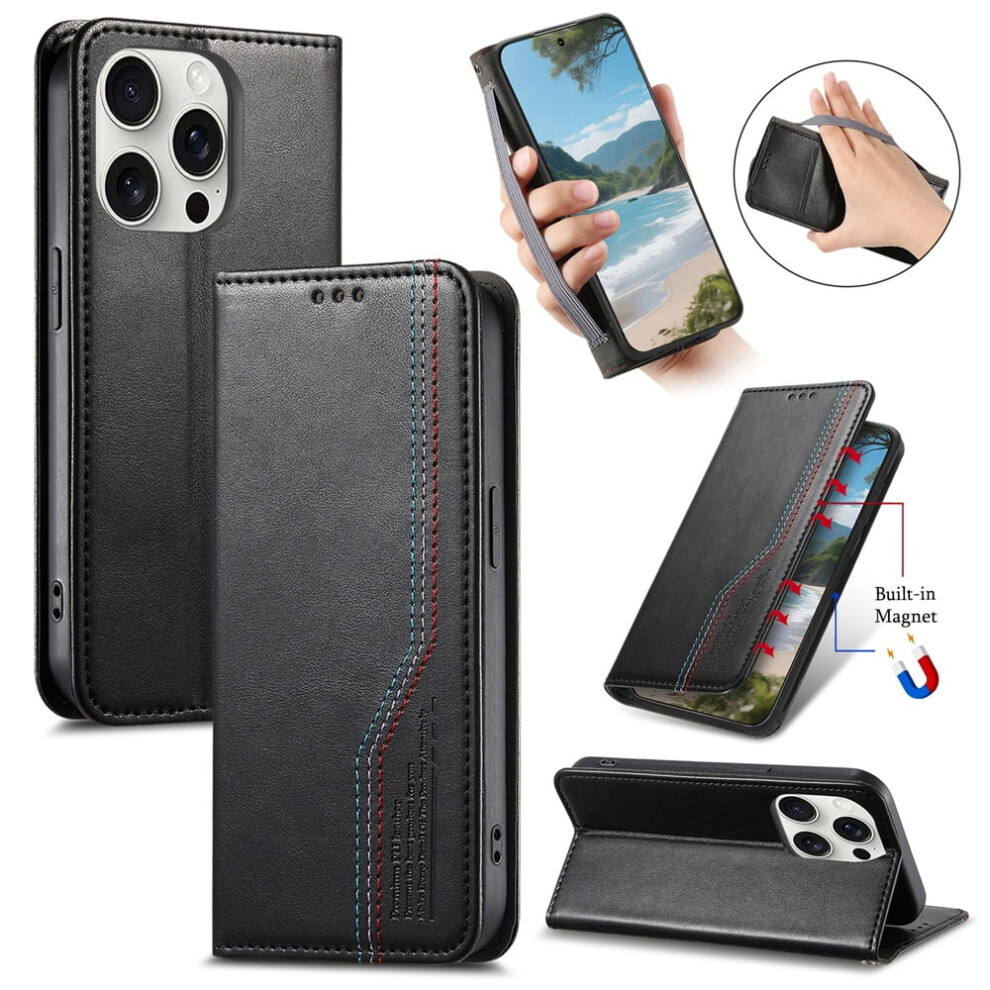 Iphone 16 Pro 6.3" Case Â Magnetic Flip Wallet With Elastic Wristband & Stand, Â Compatible With Iphone 16 Pro Black 9327961803824