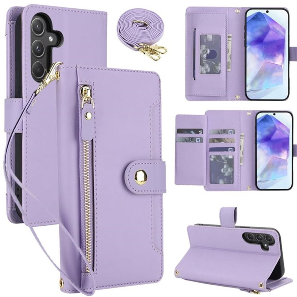 Rfid-Blocking Wallet Case For Samsung Galaxy S21 5GâShockproof, Multi-Card Slots, Zipper Pocket, Detachable Shoulder/Wrist Straps Purple 9353595714397