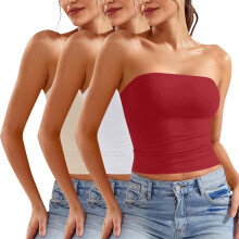 3PC Women's Shapewear Tube Tops Strapless Ruched Built-in Shelf Bra Casual Red 2XL