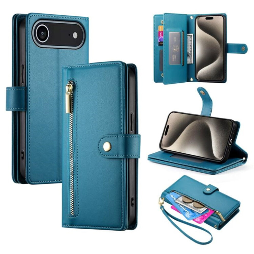 Leather Wallet Case For Iphone 17 Air (6.5") Â Multi-Card Slots, Zipper Pocket, Lanyard Strap, Wristlet Â Compatible With Iphone 17 Air Blue 9193271155478