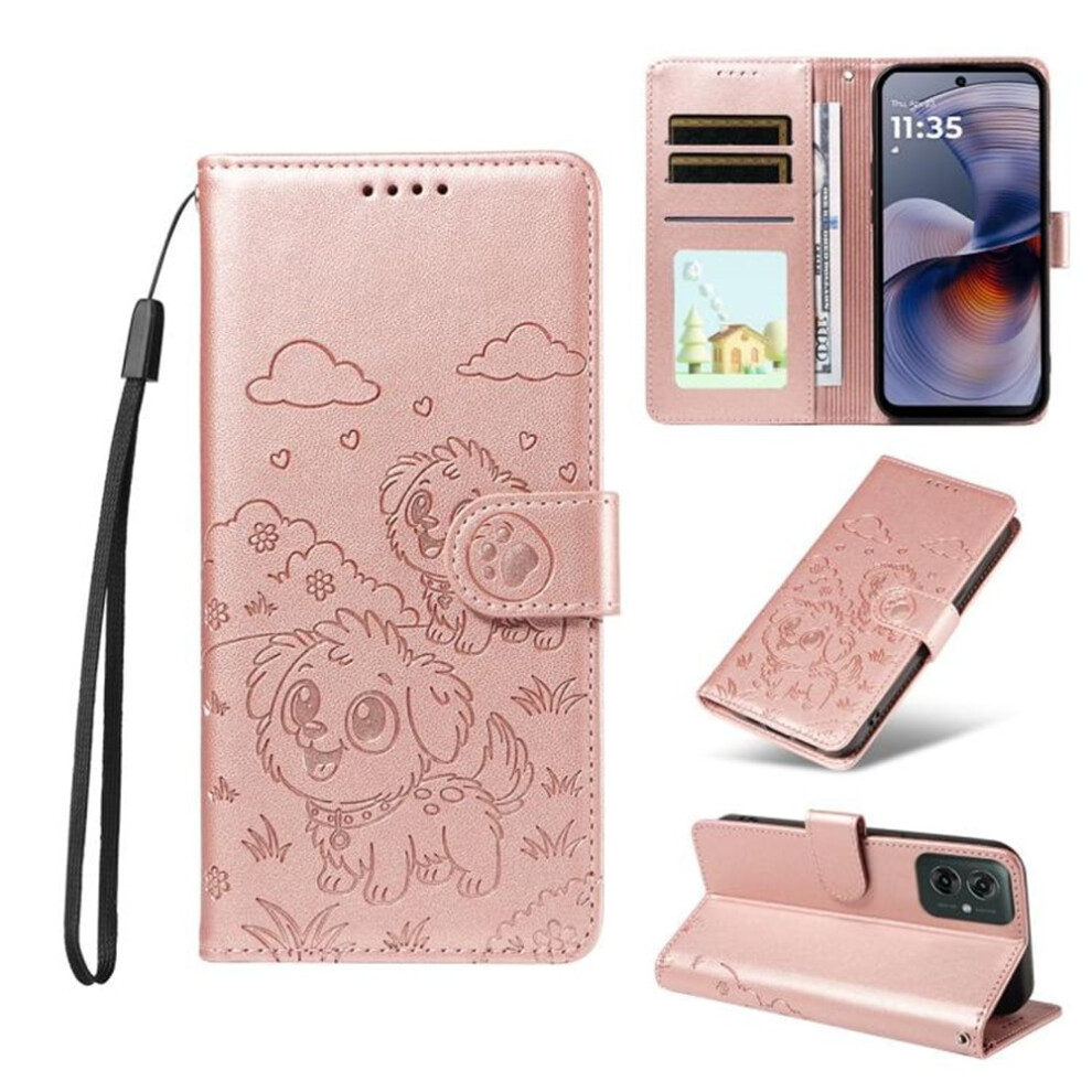 Leather Flip Case For Motorola Moto G55 5G Â Dog Embossing, Rfid Blocking, Magnetic Clasp, Lanyard & Stand Pink 9327961803237