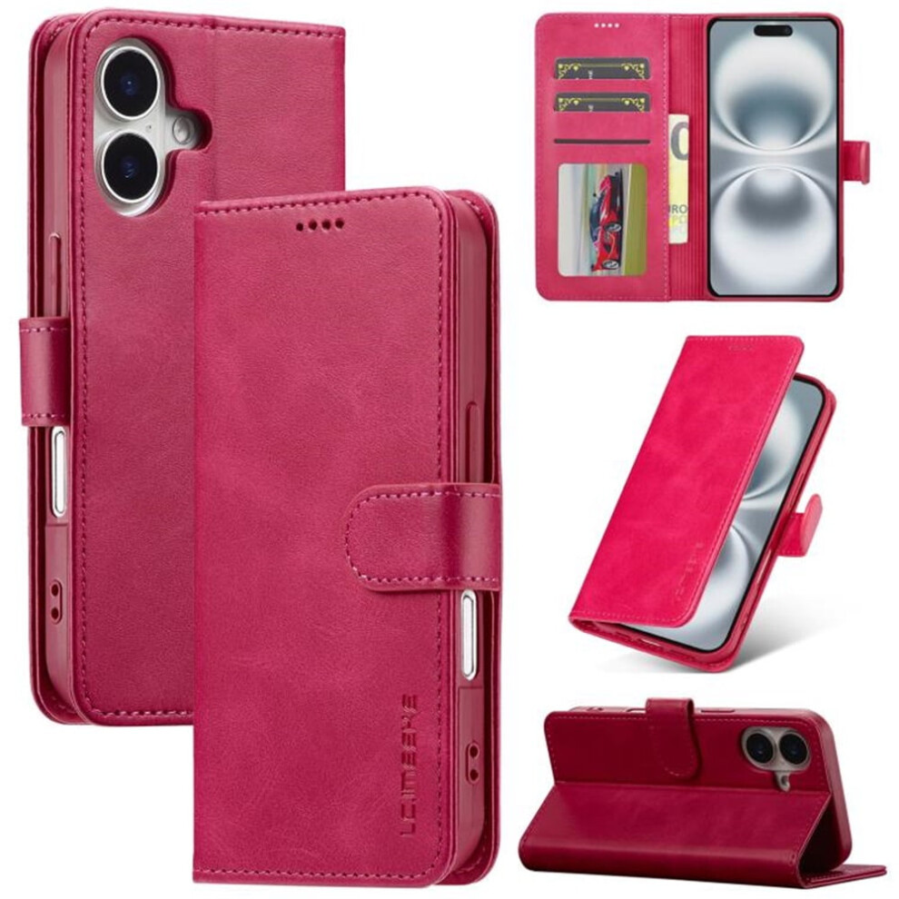 Lc.imeeke Pu Leather Flip Wallet Case For Iphone 16 Â Magnetic Closure, Card Slot, Kickstand, Shockproof, Red 9353595711969