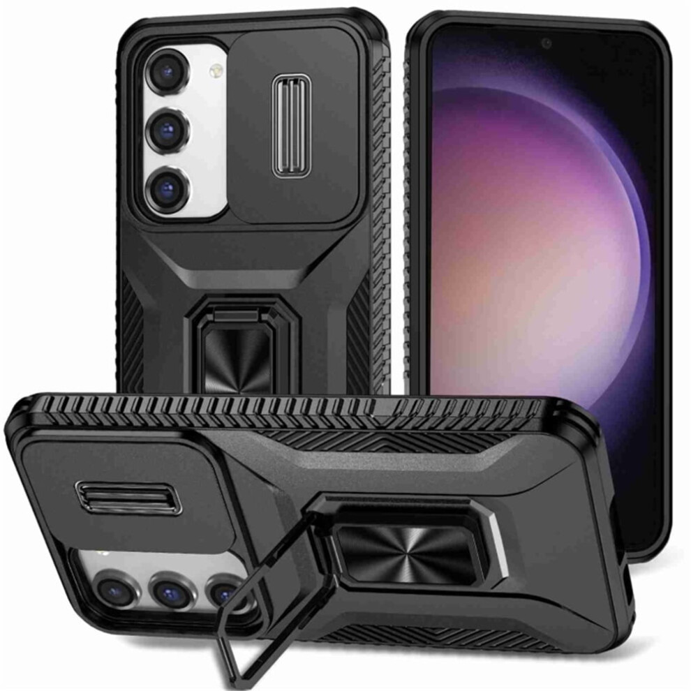 Slim Fit Shockproof Hybrid Case For Samsung Galaxy S23 5G – Military-Grade, Slide Camera Cover & Rotated Ring Kickstand, Black 9353595712676