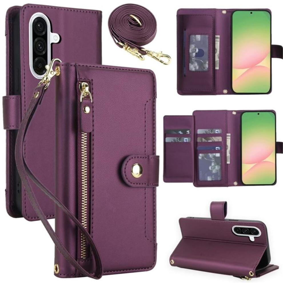 Compatible With Samsung Galaxy A56 5G 6.7" Rfid-Blocking Wallet CaseâShockproof, Multi-Card Slots, Zipper Pocket, Detachable Straps, Dark Purple 9353595712430