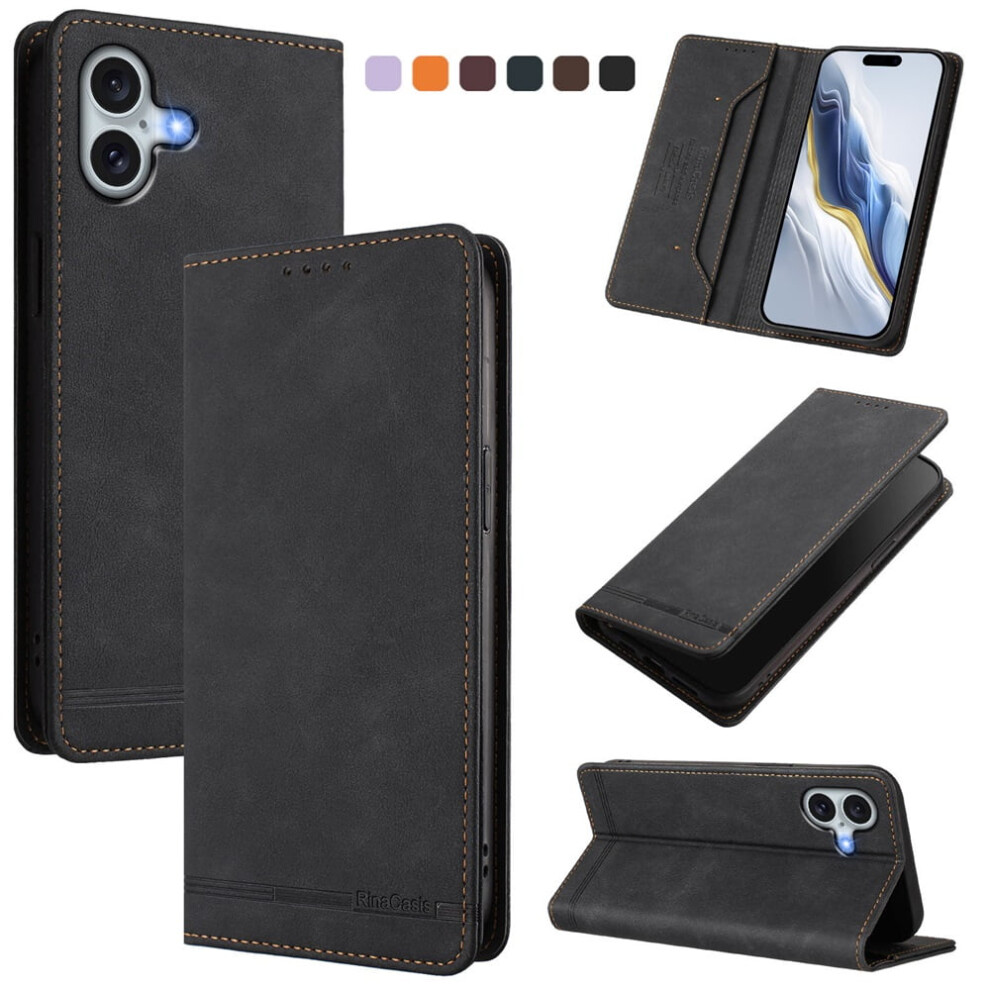 Magnetic Phone Case For Iphone 16 (6.1"), Rfid Blocking, Card/Cash Slots, Kickstand, Shockproof Flip Folio, Black 9353595714168