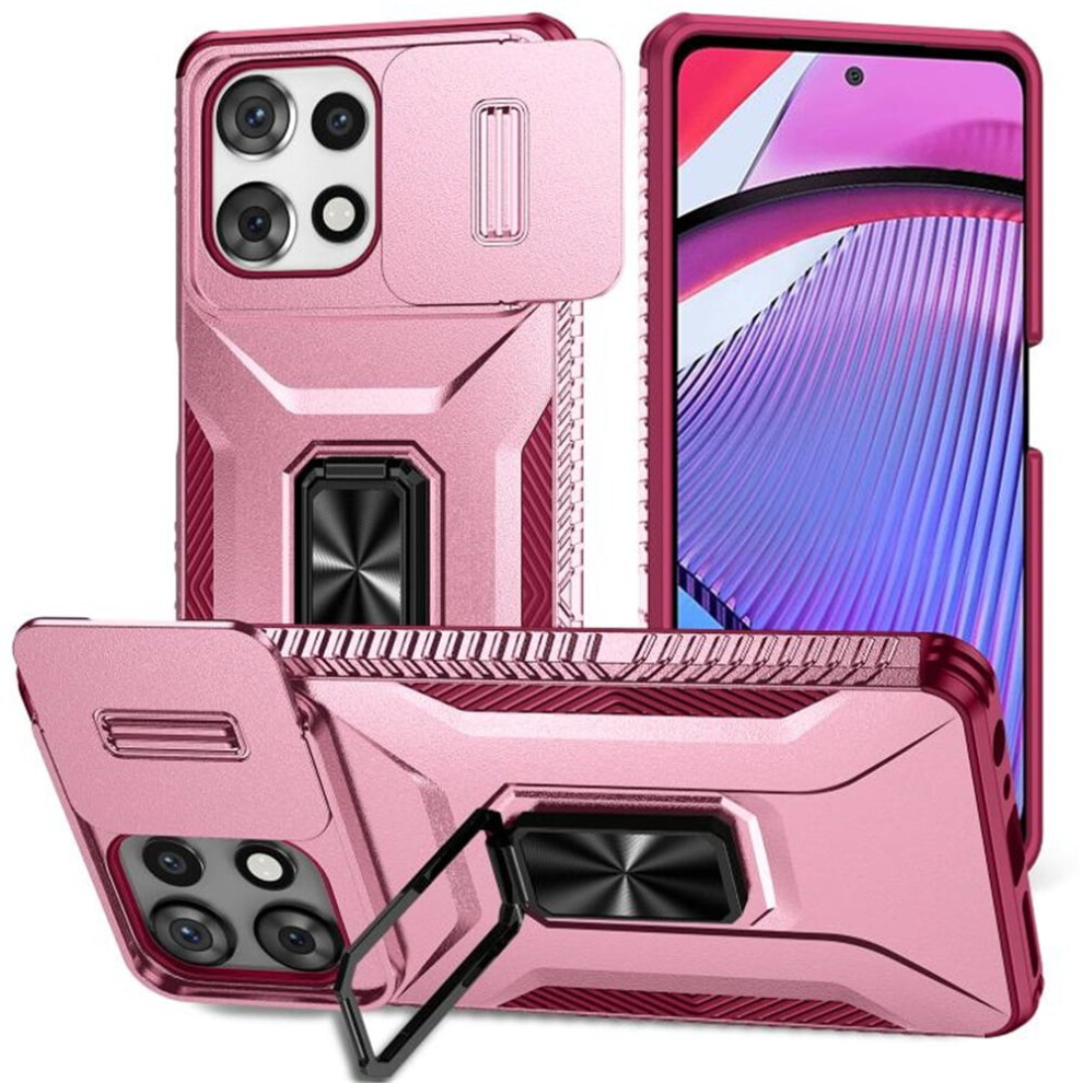 Slim Shockproof Hybrid Case For Motorola Moto G Play 2025 (6.7") Â Slide Camera Cover, Rotated Ring Kickstand, Military-Grade, Pink 9353595713062