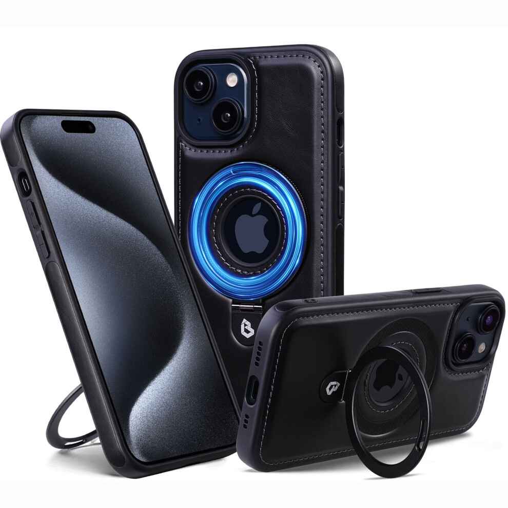 Magnetic Magsafe Compatible Iphone 14 Case With Ring Holder, Pu Leather Slim Shockproof Cover, Wireless Charging & Kickstand Â Black 9152228654358