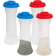 4-Pack Plastic Salt & Pepper Shakers with Lids – Moisture-Proof, Hourglass Design, Red & Blue, Compatible with Standard Kitchen Use