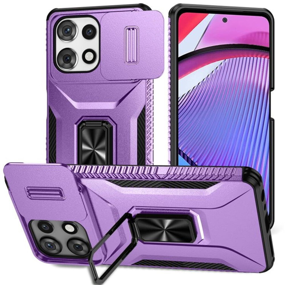 Slim Shockproof Hybrid Case For Motorola Moto G Play 2025 (6.7"), With Slide Camera Cover & Rotated Ring Kickstand, Military-Grade Purple 9152228654969
