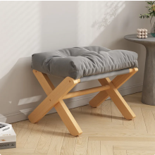 Foldable Solid Wood Low Stool with Paste-Style Grey Seat Cushion