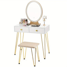 Elegant White Dressing Table Stool Set with LED Oval Mirror