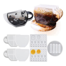 Coaster Resin Mold, 14 Pcs Coaster Molds for Epoxy Resin, Coffee Cup Shape Resin Shaker Mold with Lemon Coffee Bean Mold