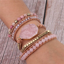 2X Natuursteen Armband Roze Kwarts Lederen Wrap Armbanden voor Vrouwen Rose Edelstenen Kristal Kralen Bohemen Sieraden