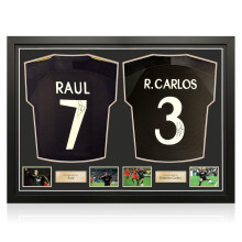 Raul & Roberto Carlos Signed Real Madrid 1999-00 Away Football Shirts. Dual Frame Gold
