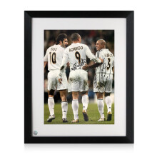 Ronaldo Nazário & Roberto Carlos Signed Real Madrid Football Photo: 3 Amigos. Framed
