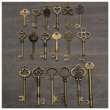 Set of 54 Antique Vintage Old Bronze Skeleton Key Heart Bow Lock Pendant
