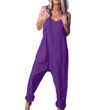 Dames casual mouwloze jumpsuit van katoen en linnen, baggy model, effen Y2K model, losse pasvorm, met opgestikte zakken.