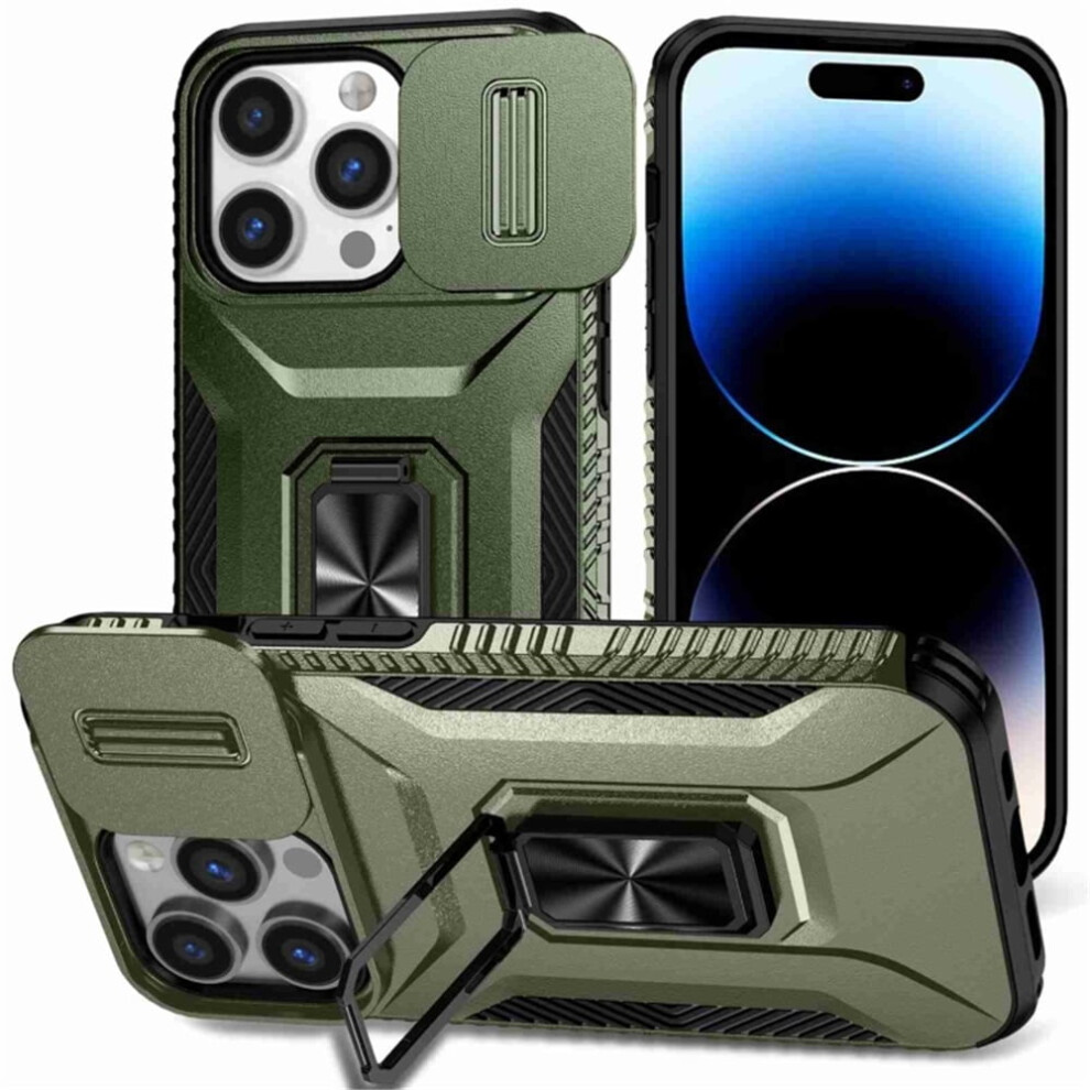 Slim Fit Shockproof Hybrid Case For Iphone 14 ProâSlide Camera Cover, Rotated Ring Kickstand, Military-Grade, Alpine Green 9482726204558