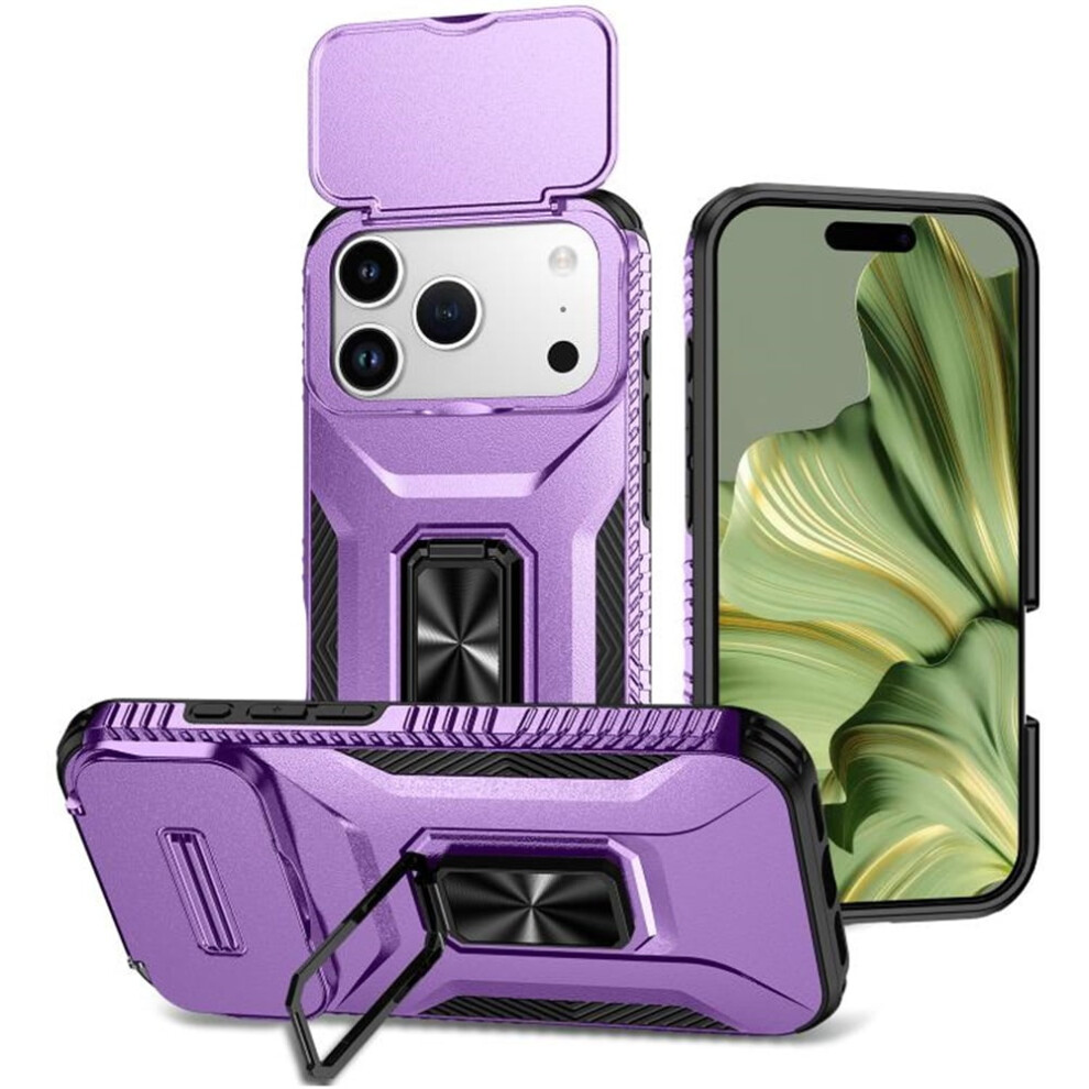 Slim Fit Shockproof Hybrid Case For Iphone 17 ProâSlide Camera Cover, Rotated Ring Kickstand, Military-Grade, Purple 9482726204541