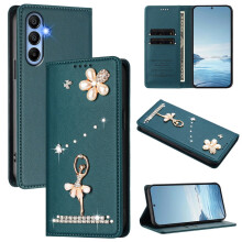Kožené puzdro s výklopnou peňaženkou Ballet Girl s RFID blokovaním pre Samsung Galaxy A15 5G/4G – tmavozelené, magnetické zapínanie a