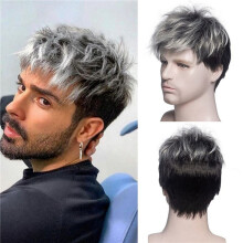 2X Men Short Straight Wig Ombre Grey Black Synthetic Wig for Male Hair Fleeciness Realistic Natural Toupee Wigs