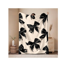 Black Bow Flannel Blanket Beige Black Queen King