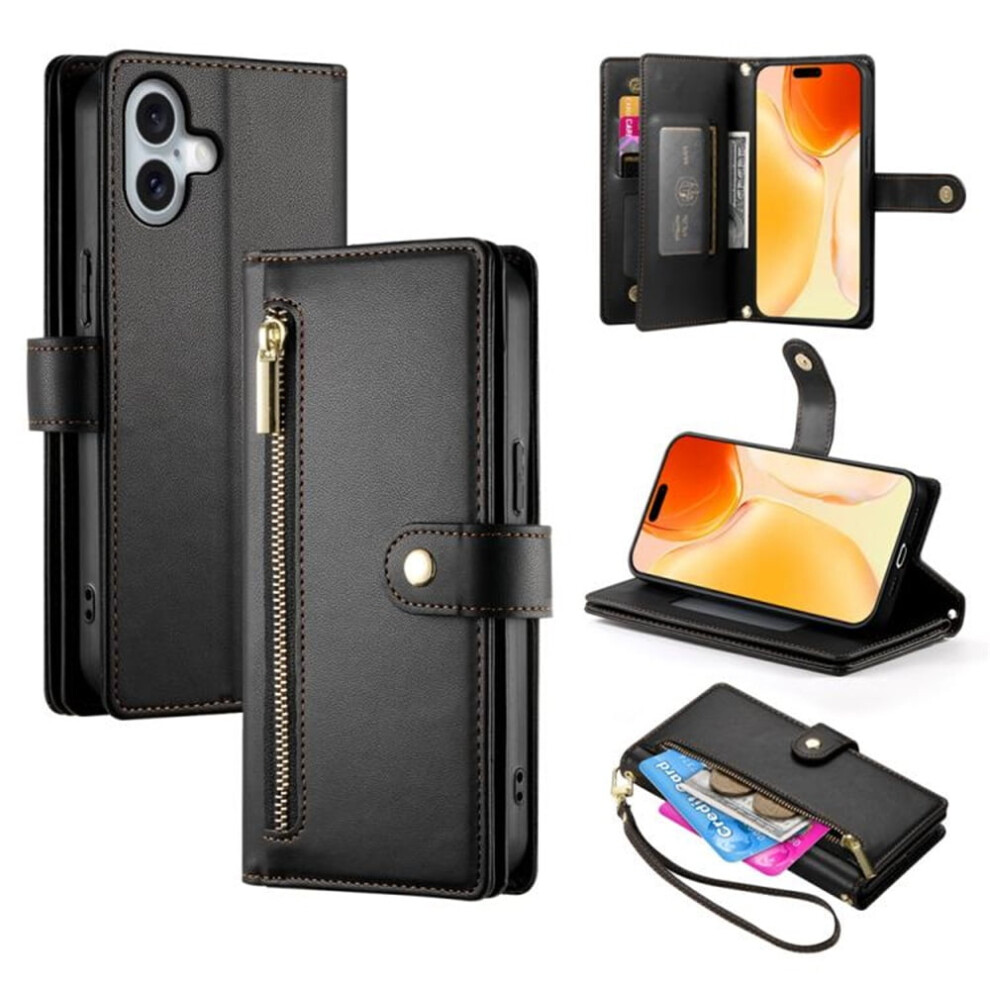 Iphone 17 6.3" Wallet Case Â Leather, Multi-Card Slots, Zipper Pocket, Lanyard Strap, Wristlet, Â Compatible With Iphone 17 Black 9482726201762
