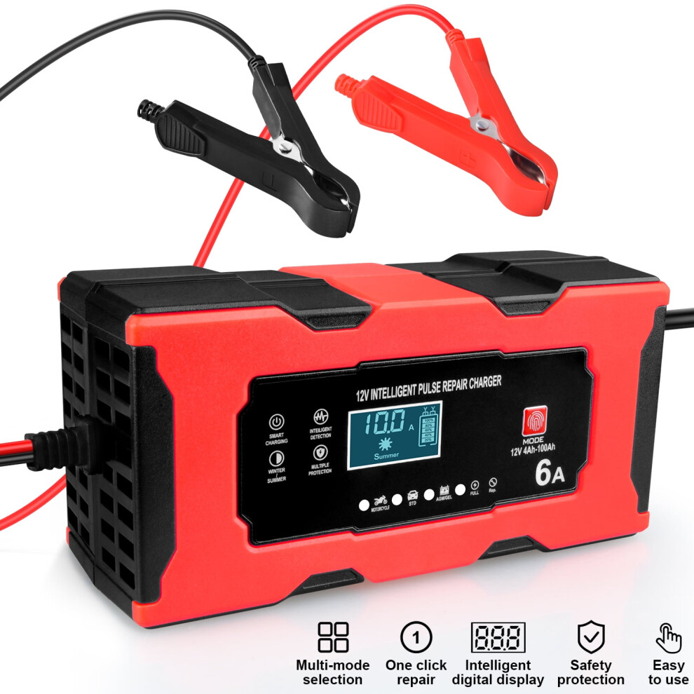 12V/6A Smart Car Battery Charger & Maintainer With Temp Compensation, Auto Stop, Pulse Repair Â Compatible With Lead Acid Batteries 9482726201168