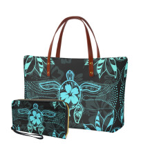 Sac à main en polyester imprimé tortue et hibiscus avec portefeuille assorti pour femme, sacoche à poignée supérieure, sac de travail,