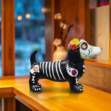 Statue de chien mort pour Halloween, os blancs sur fond noir, style gothique détaillé A-2