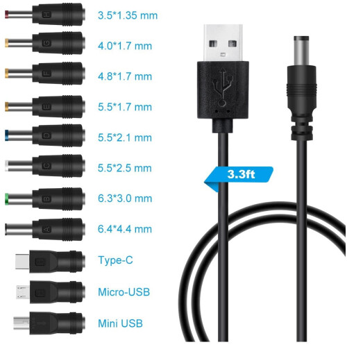 Καλώδιο τροφοδοσίας 5V USB σε DC, 3,3 πόδια με 11 εναλλάξιμα βύσματα – Συμβατό με κάμερα