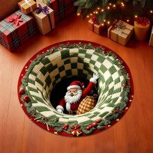 Christmas Round Rug, 3D Santa & Tree Print, Washable Non-Slip Soft Carpet for Bedroom/Living Room – Compatible with All Floors