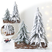Deux sapins de Noël enneigés sur socle en bois – Décoration de table pour chambre ou cuisine – Compatible avec les décorations de sapin de