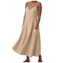 Spaghettiträger-Maxikleid für Damen, ärmellos, V-Ausschnitt, locker fallend, langes Strandkleid mit Taschen, Khaki, XL