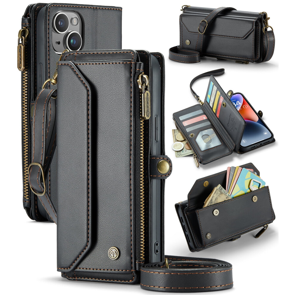 Caseme Leather Wallet Case For Compatible With Iphone 14 Plus 6.7" Â Rfid Blocking, 10-Card Holder, Zipper Bills Slot, Magnetic Wrist Strap 9482726203063