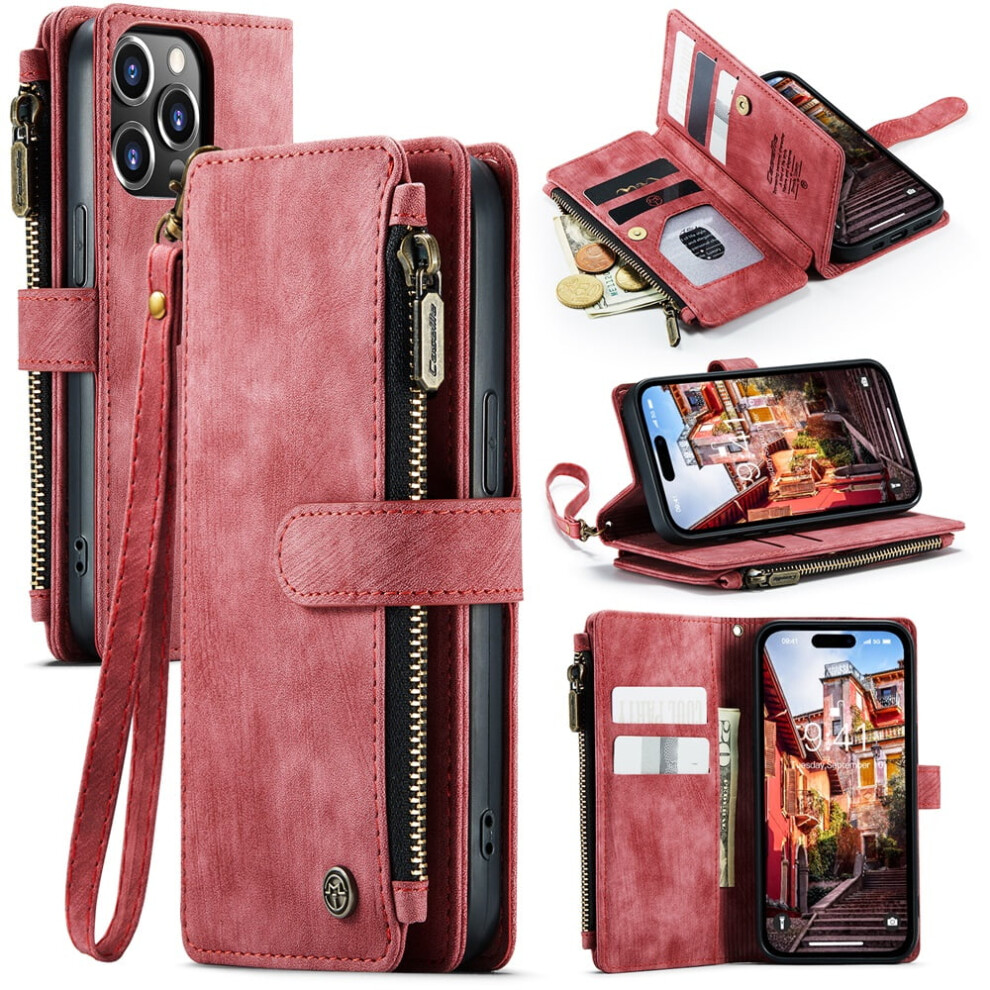 Caseme Wallet Case For Iphone 14 Pro (6.1") Â Pu Leather, Magnetic Flip, Lanyard, Zipper Card Holder, Red 9152228655966
