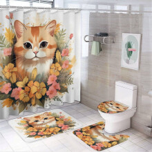 4-Pc Cat & Flowers Shower Curtain Set with Non-Slip U-Shape Mat, Toilet Lid Cover & Rug – 72"x72"