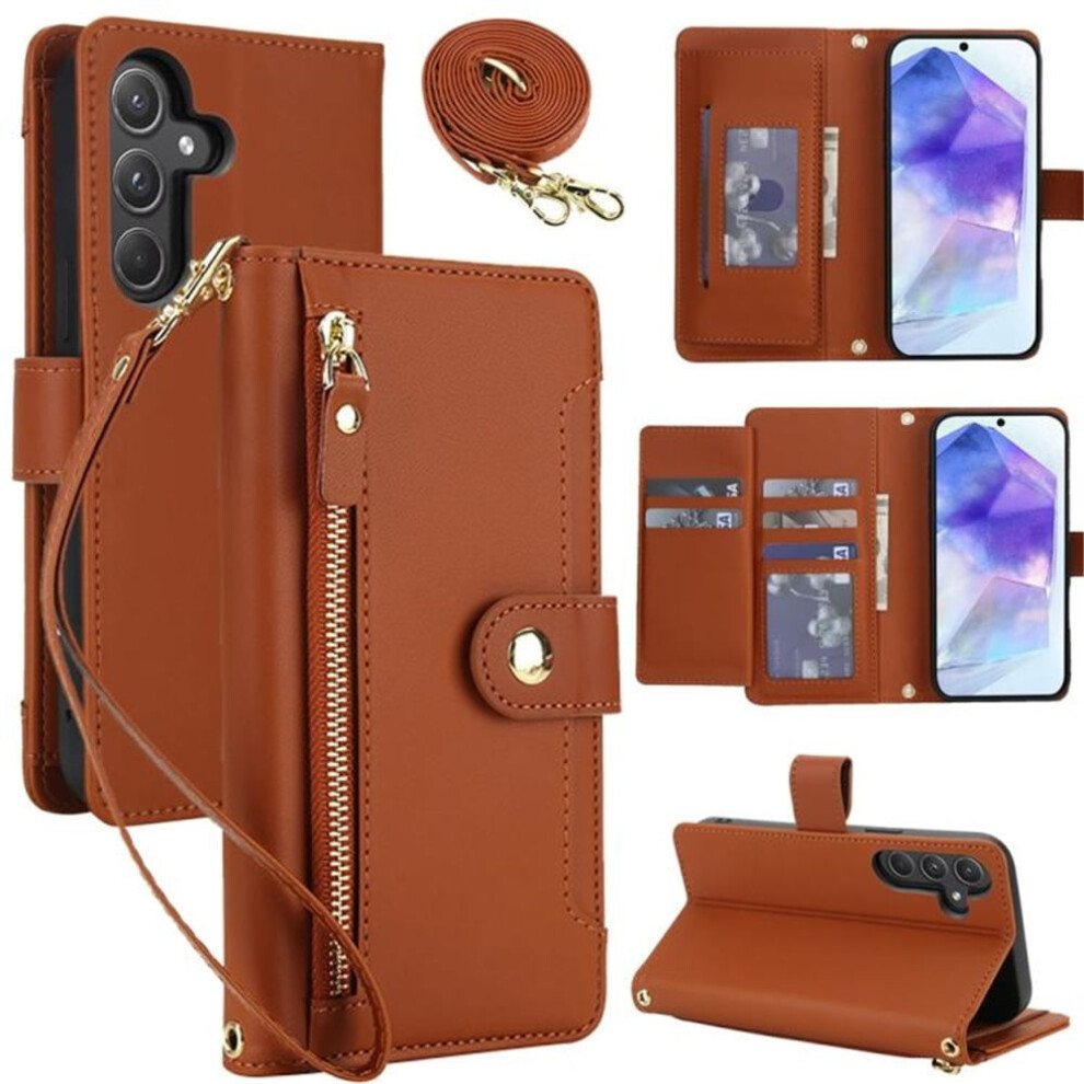 Rfid-Blocking Wallet Case For Samsung Galaxy S21 5G Â Shockproof, Multi-Card Slots, Zipper Pocket, Detachable Shoulder & Wrist Straps, Brown 9152228657311