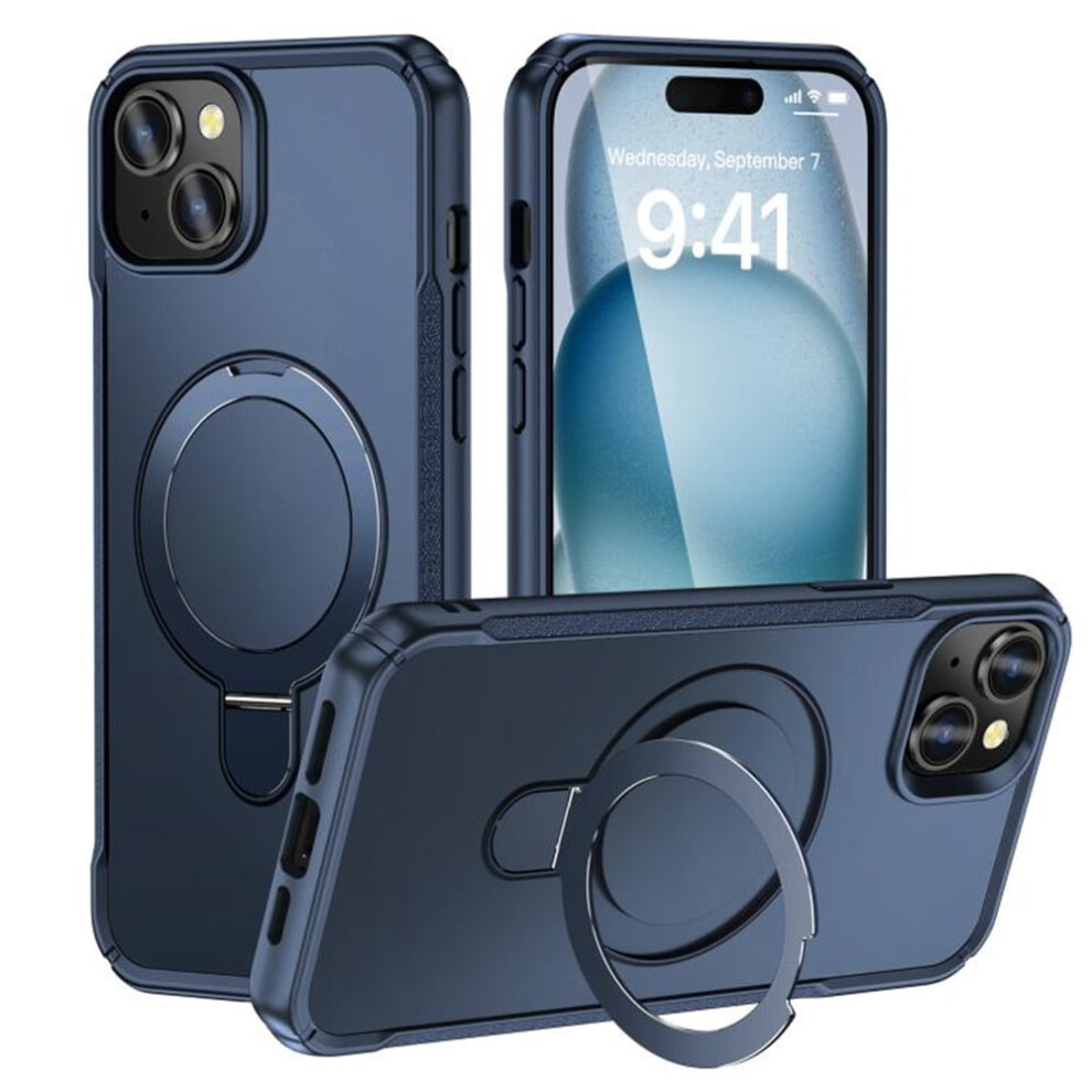Magnetic Iphone 15 (6.1") Case, Magsafe Compatible, Mil-Grade Shockproof With Invisible Stand & Ring Holder, Blue 9482726203377