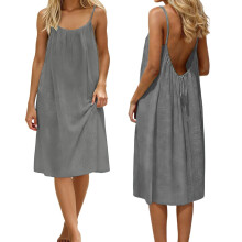 Sommerkleider für Damen, ärmellose rückenfreie Trägerkleider, mittellange Spaghettiträgerkleider, graue Kleider, Strandkleider für Damen