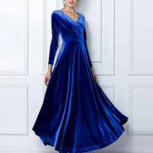 Elegantes Samt-Maxikleid in Übergröße (XL), langärmelig, V-Ausschnitt, bodenlang, A-Linien-Schnitt, perfekt für festliche Anlässe und Partys.