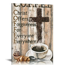 Wooden Framed Christian Coffee Canvas Poster with Cross & Coffee Bean – Rustic Wall Art for Home, Office, Kitchen, Bathroom Decor