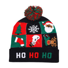 Christmas Knit Hat, LED Light Beanie, Warm Santa Claus Hat with Hairball, Multicolor Woolen Ear Protection Winter Cap