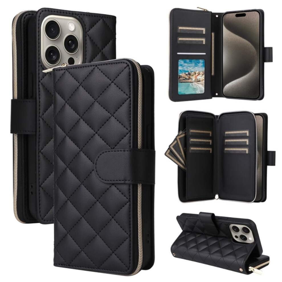 Magnetic Flip Wallet Case For Iphone 16 Pro Max: 9-Card Slots, Zipper Pocket, Detachable Shoulder & Wrist Straps, Black 9193271162292
